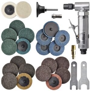 1/4 inch angle air die grinder with 22 pcs 2-inch roll lock sanding discs, polished color angle pneumatic die grinder, air die grinder kit 1/4 inch angle air die grinder with 22 pcs 2-inch roll lock sanding discs, polished color angle pneumatic die grinder, air die grinder kit