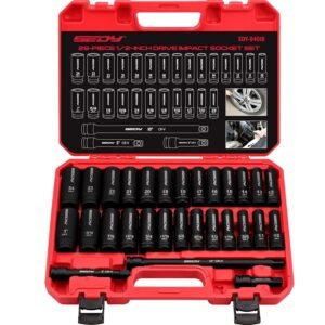 29-Piece 1/2" Drive Impact Socket Set, SAE (3/8 to 1 inch) and Metric (10-24mm) Sizes with Extension Bars Standard Deep Socket Set CR-V Material High Durability Impact Wrench