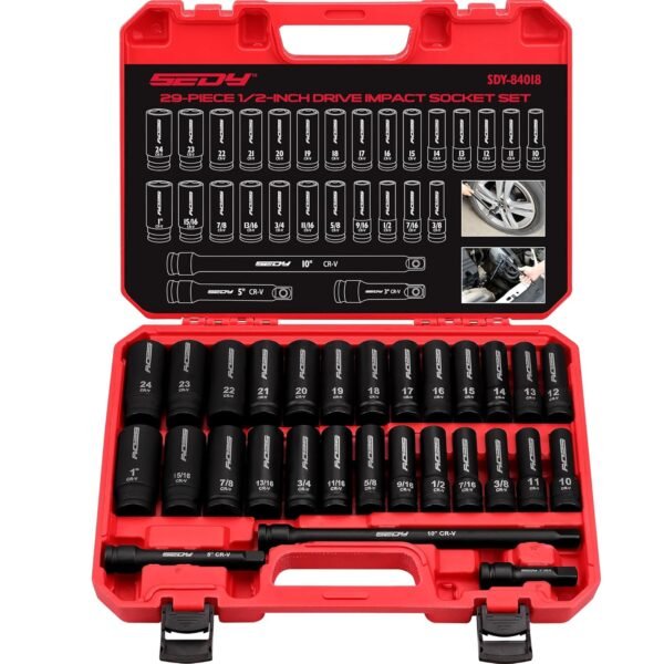 29-Piece 1/2" Drive Impact Socket Set, SAE (3/8 to 1 inch) and Metric (10-24mm) Sizes with Extension Bars Standard Deep Socket Set CR-V Material High Durability Impact Wrench