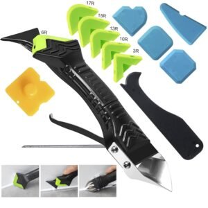 Caulking Tool 5 in 1 Silicone Caulking Grout Removal Sealant Finishing Tool with Grout Scraper, 6 Exchange Silicone Pads, Adhesive Residue Scraper Seam Repair Kit for Kitchen...
